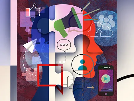 Illustration of a head filled with different social media distractions