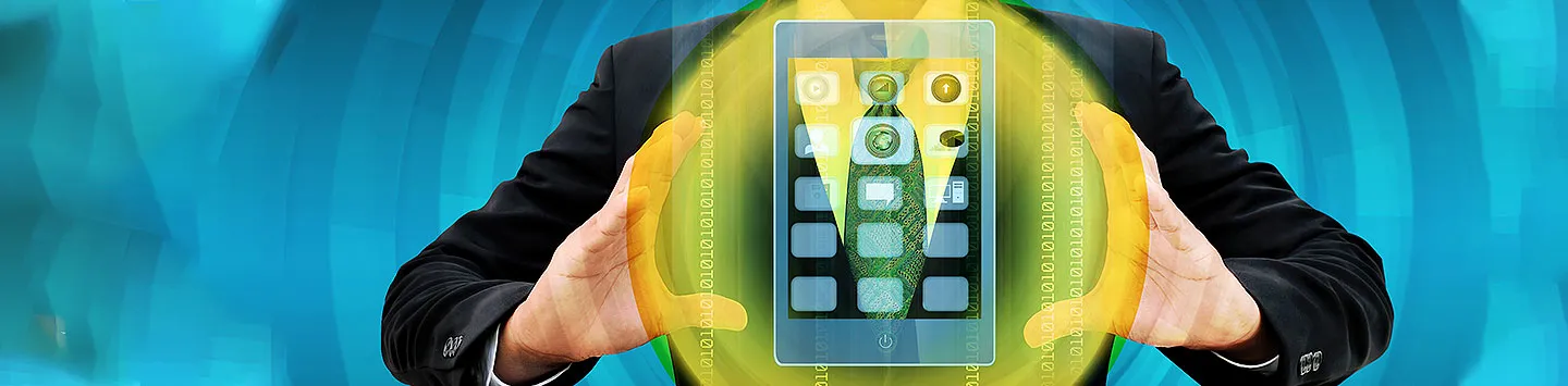 A Businessman holding a tablet device with tech symbols on it