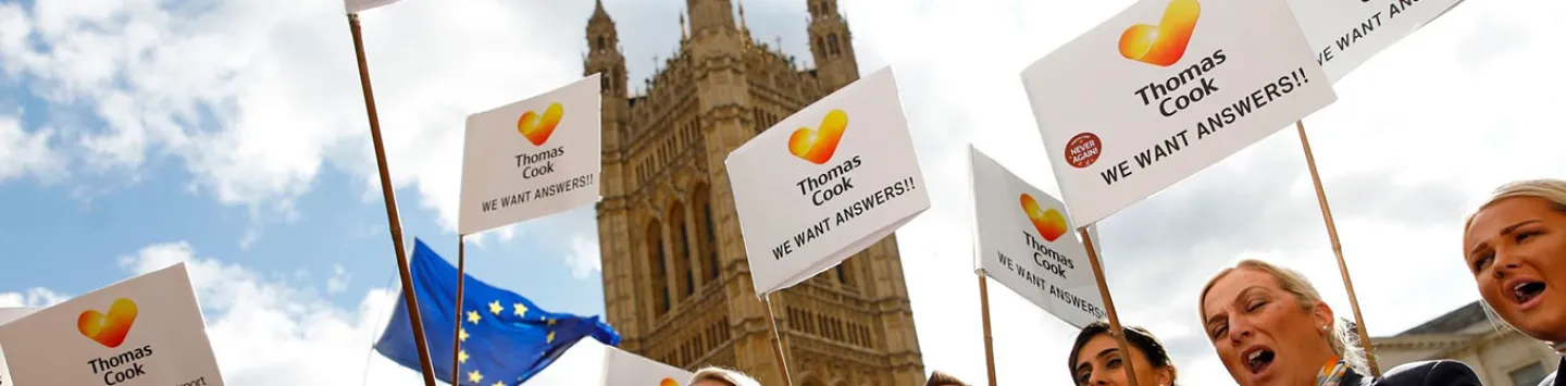 Ex-Thomas Cook employees demonstrate in London on October 2, 2019