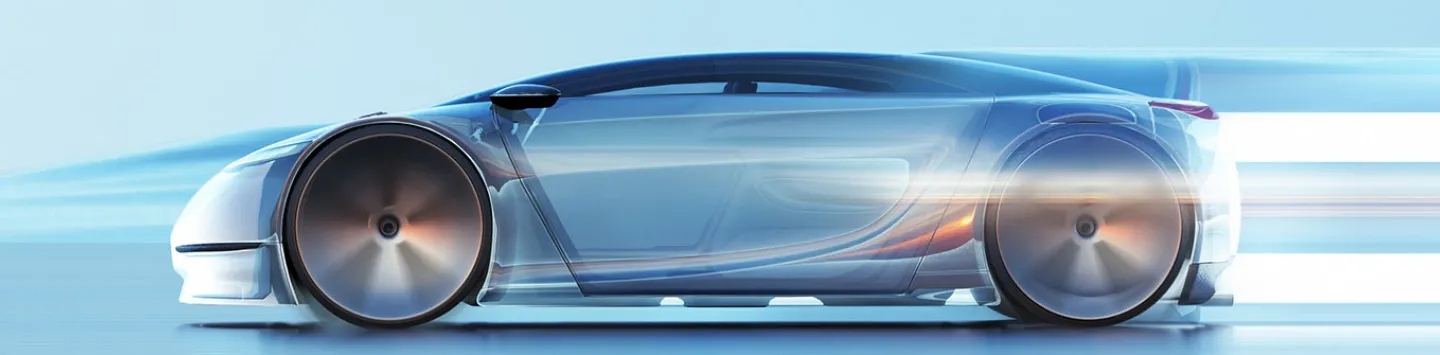 Digital generated image of futuristic car moving fast on blue surface.