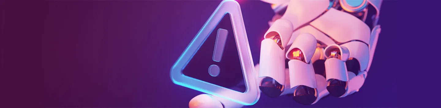 A robotic hand presents a glowing triangular warning sign, symbolizing caution in technology