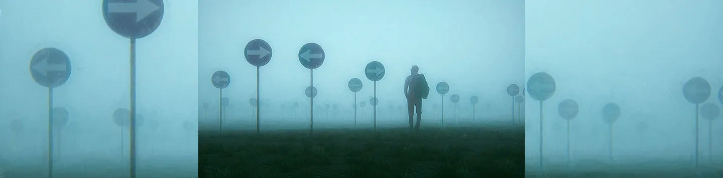 An illustration of a man in a foggy meadow with arrow signs pointing in multiple directions