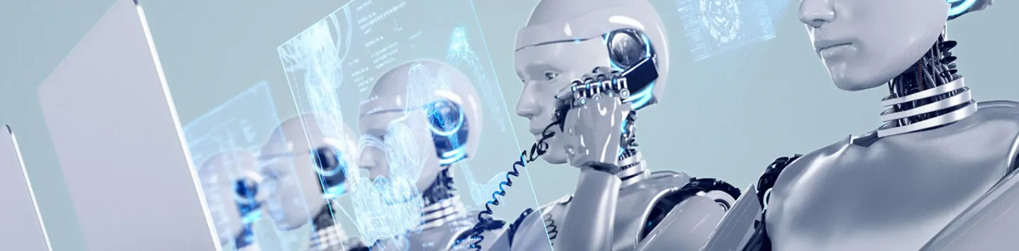 Abstract image of robots working in an office environment including creating blueprint of robot arm, making a phone call, and typing on a keyboard.