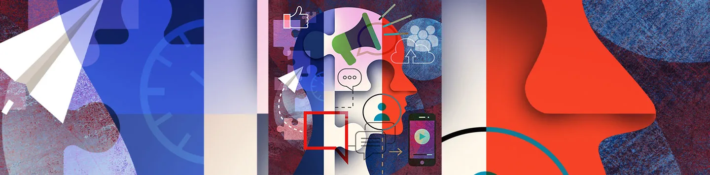 Illustration of a head filled with different social media distractions