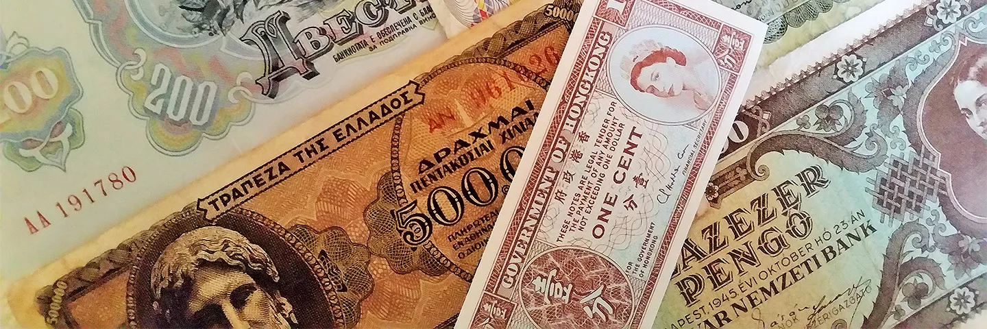 Different types of printed currency throughout the world