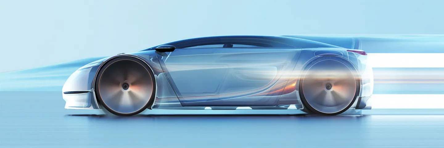 Digital generated image of futuristic car moving fast on blue surface