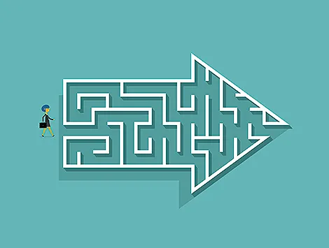 Illustration of a women walking towards an arrow shaped maze