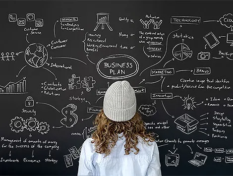 A female entrepreneur looks at a blackboard with a business plan outline on it