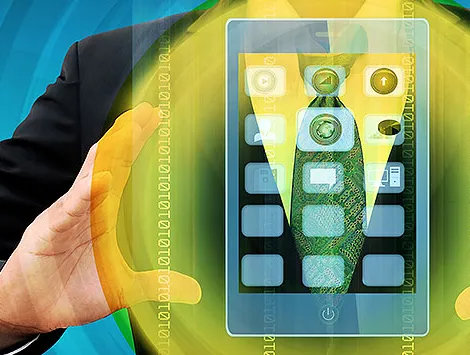 A Businessman holding a tablet device with tech symbols on it