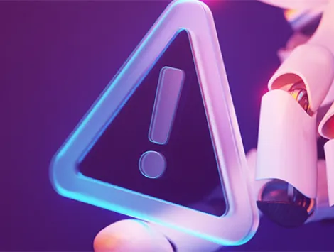 A robotic hand presents a glowing triangular warning sign, symbolizing caution in technology