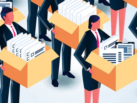 Isometric group of businessmen carrying piles of documents in cardboard boxes