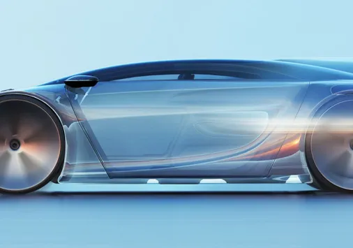 Digital generated image of futuristic car moving fast on blue surface